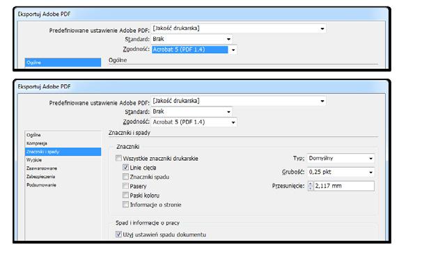 Druk z programu INDESIGN Drukujemy z programu InDesign do wersji CC. Przygotowując plik do druku należy pamiętać o: 1. Zdefiniowaniu formatu pracy i wielkość spadów. 2.