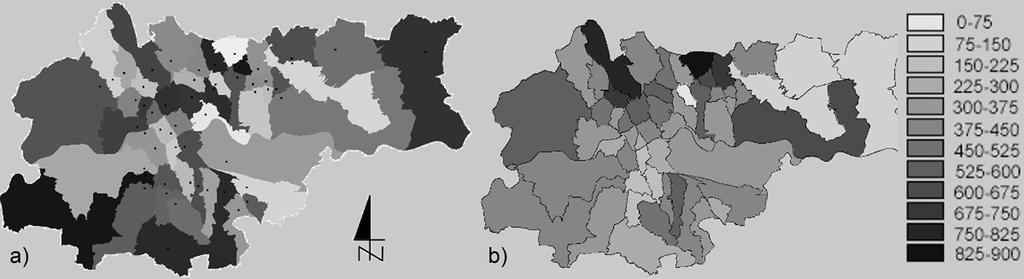 MAPA GÊSTOŒCI ZALUDNIENIA KRAKOWA PROPOZYCJA METODYKI OPRACOWANIA... 105 miedzy innymi analizie œredniego czasu dotarcia ucznia do szko³y oraz liczby uczniów przypadaj¹cych na poszczególne placówki.