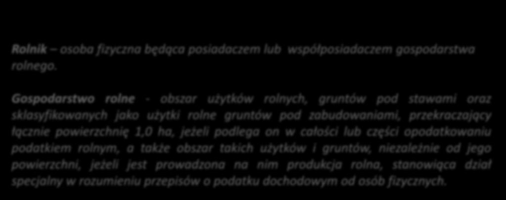 Definicje Rolnik osoba fizyczna będąca posiadaczem lub współposiadaczem gospodarstwa rolnego.