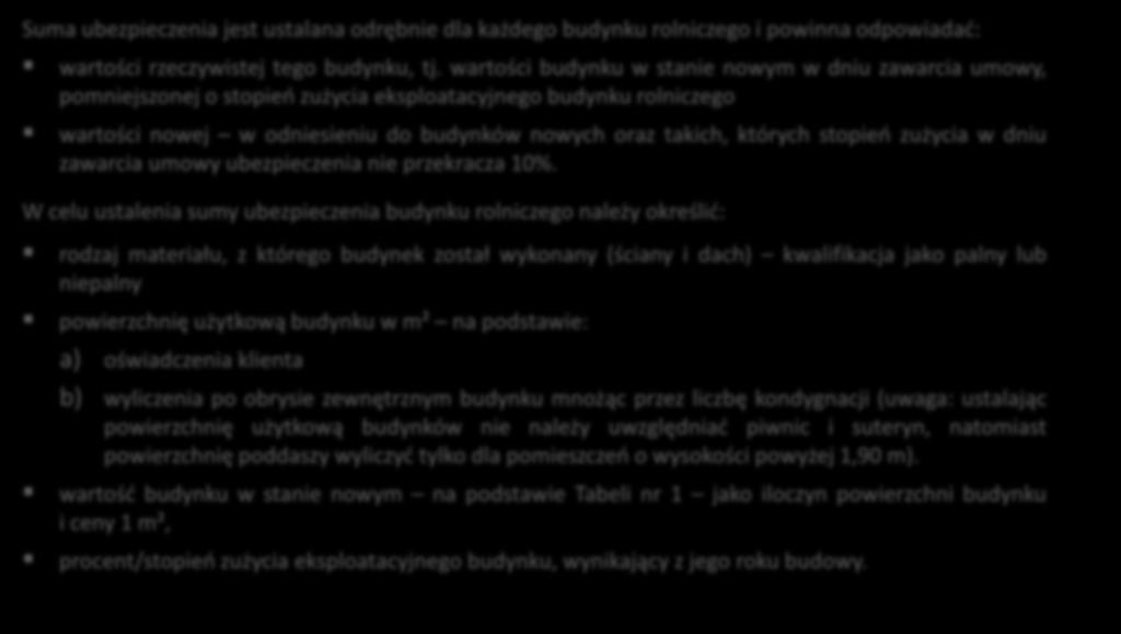 Suma ubezpieczenia budynków wchodzących w skład gospodarstwa rolnego Suma ubezpieczenia jest ustalana odrębnie dla każdego budynku rolniczego i powinna odpowiadać: wartości rzeczywistej tego budynku,