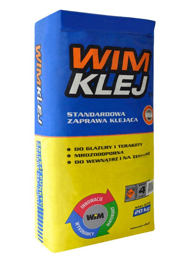 WIM KLEJ 1/2 STANDARDOWA ZAPRAWA KLEJĄCA DO PŁYTEK CERAMICZNYCH Klasyfikacja C1T wg PN-EN 12004 Do glazury i terakoty Na stabilne podłoża mineralne Grubość warstwy do 5mm Mrozoodporna STANDARDOWA