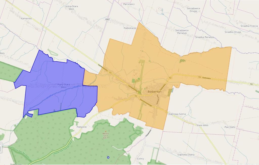Mapa 11 Miasto Bodzentyn i sołectwo Psary Stara Wieś obszary