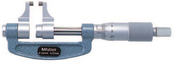 Mikrometr szczękowy Dokładność Patrz tabele Podziałka,1mm chromowane, ø 18 mm Płaskość,3 µm Równoległość (3+L/75) µm (m L = zakres maks.