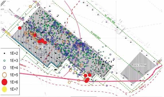 92 PRZEGLĄD GÓRNICZY 2014 Rys. 7. Lokalizacja ognisk wstrząsów zarejestrowanych w trakcie eksploatacji ścianą 2 w pokładzie 502wg Fig. 7. Location of mining tremors during exploitation of longwall No.