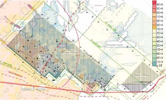 2 in seam 507 on map of seam 502wg Rozkład energetyczny wstrząsów w polu ściany 2 prezentuje rys 8.