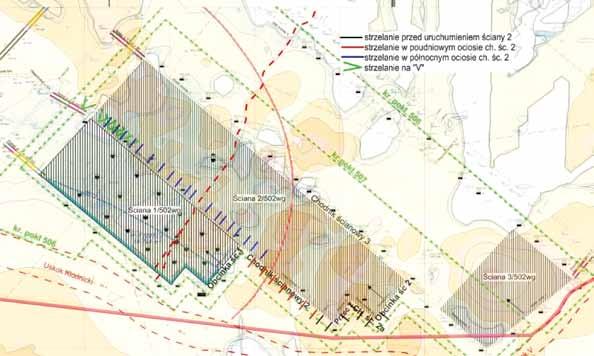 94 PRZEGLĄD GÓRNICZY 2014 Rys. 10. Lokalizacja otworów strzałowych dla wykonania aktywnej profilaktyki w rejonie ściany 2 w pokładzie 502wg Fig. 10. Blast holes location for active rockburst prevention in area of longwall No.