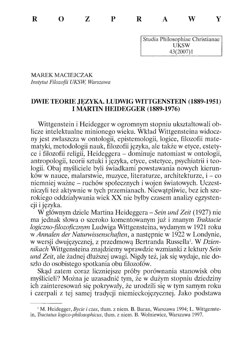 R O Z P R A W Y Studia Philosophiae C hristianae UKSW 43(2007)1 M A R E K M A C IE JC ZA K Instytut Filozofii UKSW, Warszawa DWIE TEORIE JĘZYKA.