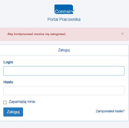 1. Logowanie do portalu Użytkownik loguje się na portal wchodząc na stronę https://portalpracownika.contrain.pl/. Link do portalu jest również dostępny na stronie internetowej http://contrain.pl/. Konto Użytkownika jest zakładane przez Administratora Serwisu.