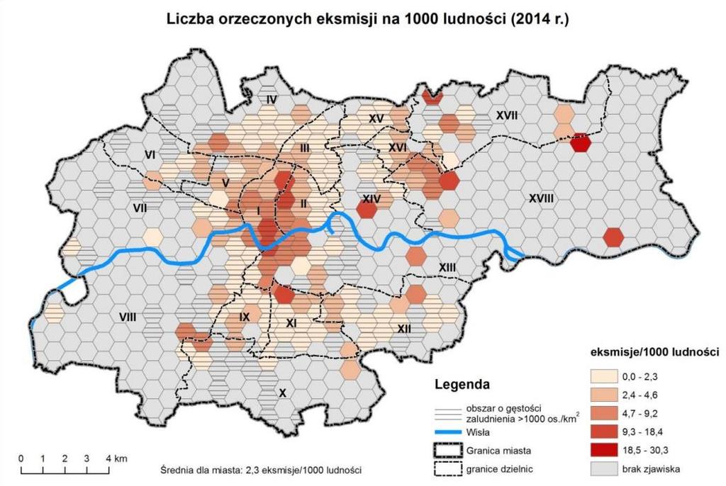 Bardziej szczegółowa ilustracja wskazuje, że istnieją w Krakowie obszary, w których występuje większe nagromadzenie osób korzystających z pomocy społecznej.