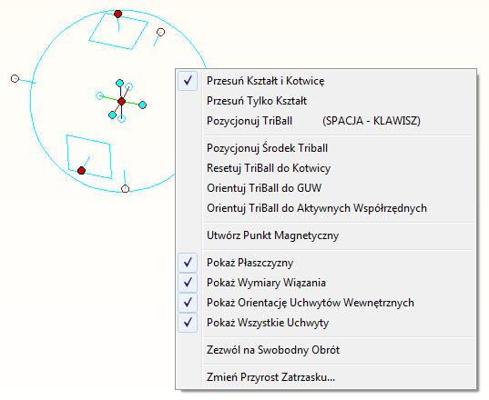 4. Menu główne TriBall Kliknięcie PPM w tle, podczas gdy TriBall jest aktywny, wyświetla główne menu narzędzia. Korzystając z tego menu, możliwe jest kontrolowanie domyślnych ustawień TriBall u.