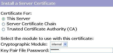 Aby zainstalować certyfikat na serwerze należy wejść w tryb Server Manager w zakładkę Security i z lewego menu wybrać Install Certificate: Zaznaczamy opcję This Server i wpisujemy hasło chroniące