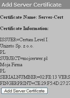 Wyświetlone zostaną dane związane z certyfikatem serwera: Wymagane