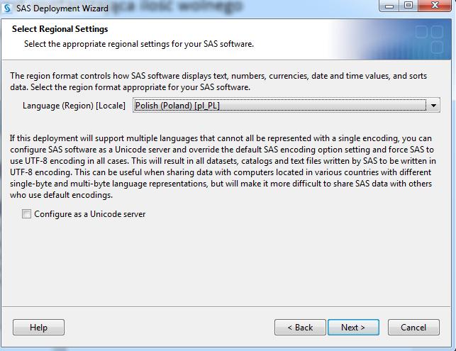 Następny ekran pozwala wskazać ustawienia językowe w SAS dotyczące m.in.