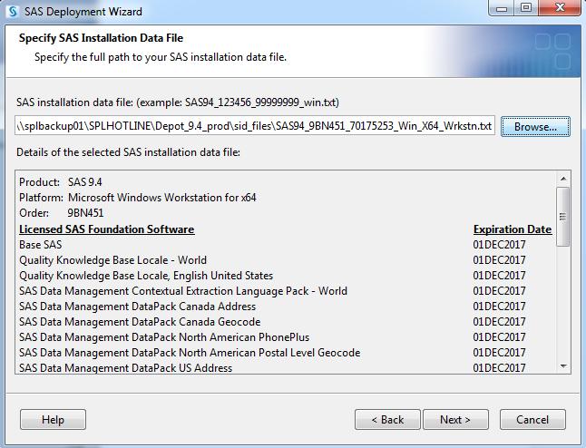 Na ekranie Specify SAS Installation Data File należy wskazać ścieżkę do pliku z licencją (SID).