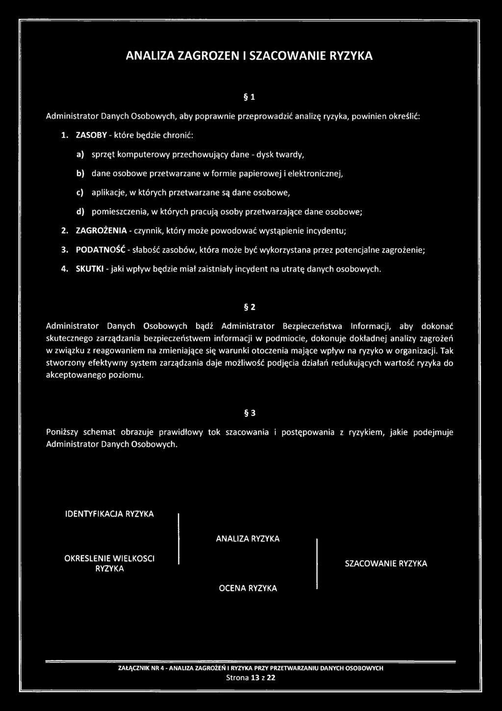 osobowe, d) pomieszczenia, w których pracują osoby przetwarzające dane osobowe; 2. ZAGROŻENIA - czynnik, który może powodować wystąpienie incydentu; 3.
