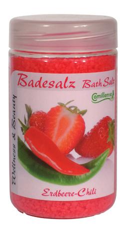 8046 350 g Badesalz Chilli/Erdbeere rozgrzewająca sól do stóp truskawka i chilli Rozgrzewa i ożywia zimne, zestresowane stopy dzięki dojrzałym strąkom chili oraz owocowemu,