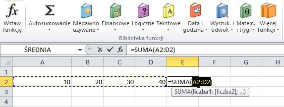 dostępnych funkcji, należy użyd przycisku rozwijania, który znajduje się po prawej stronie przycisku Autosumowanie. W arkuszu kalkulacyjnym można również uzupełnid funkcję przy pomocy klawiatury.