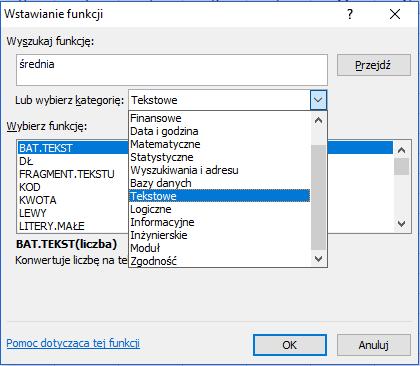 W oknie Wstawianie funkcji można również wyświetlid funkcje według kategorii ich zastosowania.