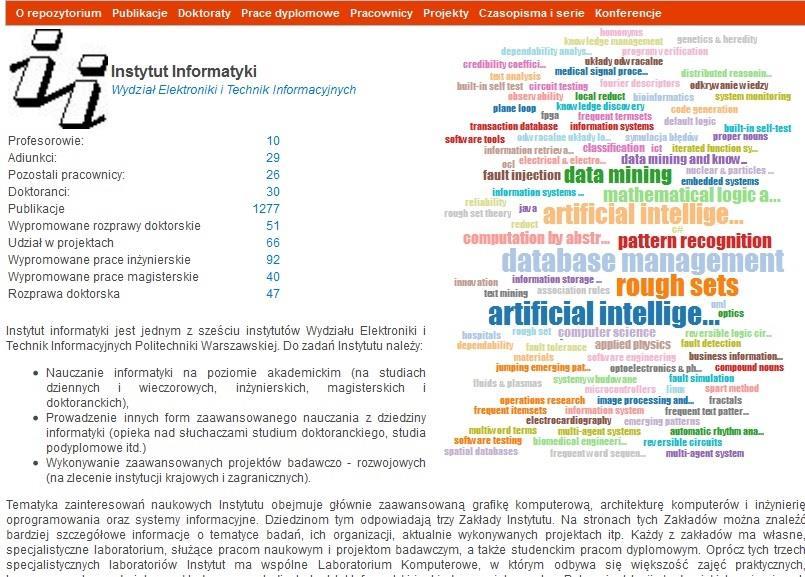 Repozytorium informacje o wydziale Przykład: logo tagi kadra nauk. Informacje działalność jednostki http://wizzar.ii.pw.