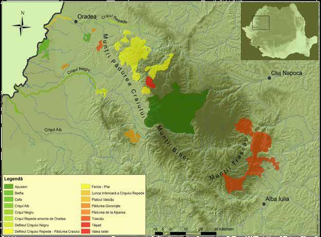 Rys. 1. Mapa obszaru projektu LIFE + w północno-zachodniej Rumunii, z uwzględnieniem 16 obszarów Natura 2000 Pięć z nich (R. ferrumequinum, R. hipposideros, M. myotis, M. oxygnathus i M.
