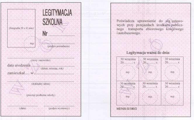 Wzór nr 12 do 33 i 42 WZÓR LEGITYMACJI SZKOLNEJ DLA UCZNIÓW I SŁUCHACZY WSZYSTKICH TYPÓW SZKÓŁ, Z WYJĄTKIEM UCZNIÓW NIEPEŁNOSPRAWNYCH Karton.