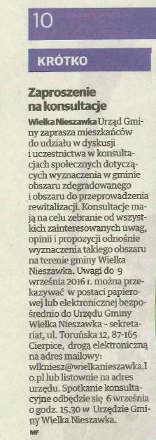 Zdjęcie 4. Informacja w prasie Nowości na temat konsultacji społecznych dotyczących opracowania programu rewitalizacji Źródło: Nowości. Zdjęcie 5.