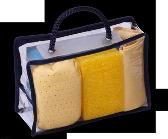 Zestawy do czyszczenia w walizkach foliowych 1792 Compact zestaw: gąbka do mycia samochodów (18 x 12 x 6 cm), gąbka szorstka (12 x 8 x 4 cm), gąbka do mycia szyb obszyta irchą syntetyczną (14 x 8,5 x