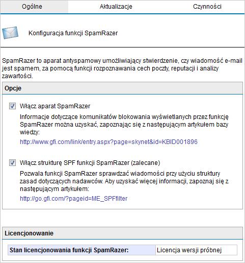 Konfigurowanie filtru SpamRazer UWAGI 1. Wyłączanie filtru SpamRazer NIE JEST zalecane. 2. Program GFI MailEssentials pobiera aktualizacje filtru SpamRazer z następującej lokalizacji: *.mailshell.