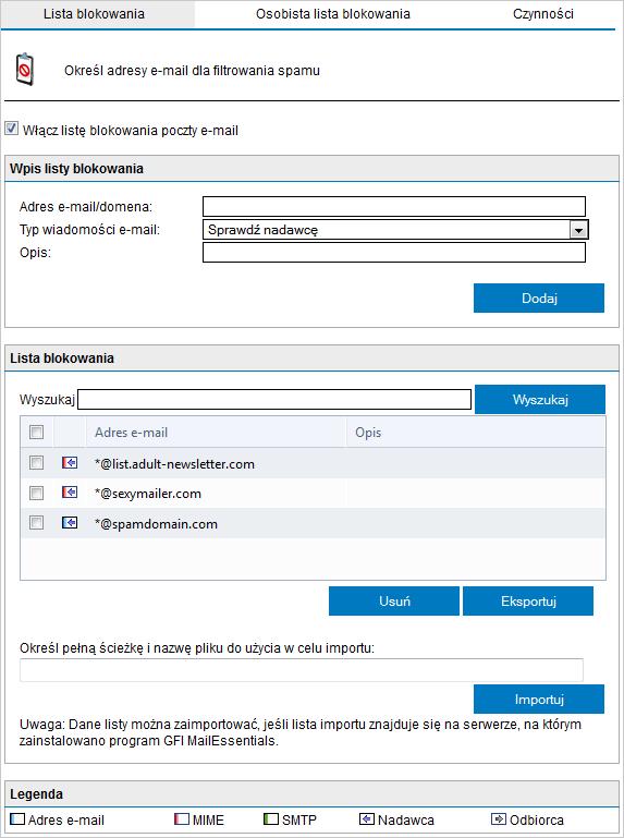 Screenshot 70: Lista blokowania poczty e-mail 2. Na karcie Lista blokowania skonfiguruj adresy e-mail i domeny do zablokowania.