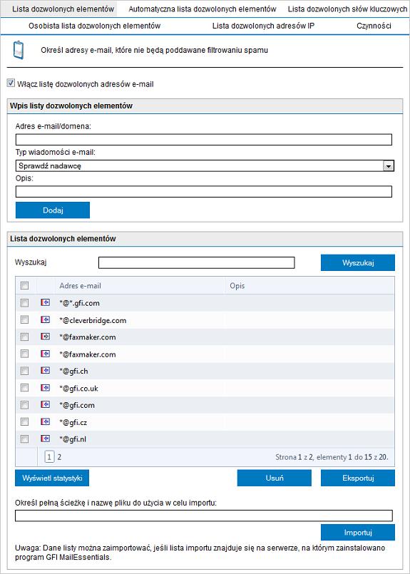 Screenshot 83: Karta Lista dozwolonych elementów 2. Na karcie Lista dozwolonych elementów można konfigurować dozwolone adresy e-mail i domeny.