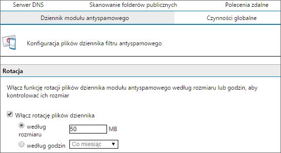 Screenshot 93: Rotacja plików dziennika 2. Na karcie Dziennik modułu antyspamowego zaznacz pole wyboru Włącz rotację plików dziennika i określ warunek rotacji (według rozmiaru lub według godzin). 3.