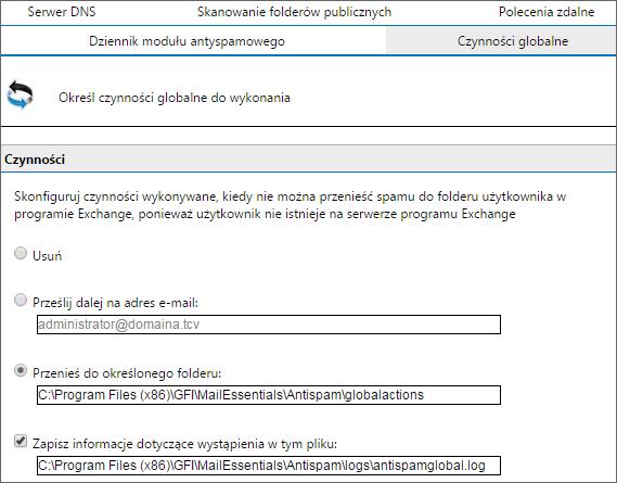 Screenshot 94: Czynności globalne 2. Wybierz kartę Czynności globalne i jedną z poniższych czynności: Usuń wiadomość e-mail Prześlij dalej na adres e-mail Przenieś do określonego folderu 3.