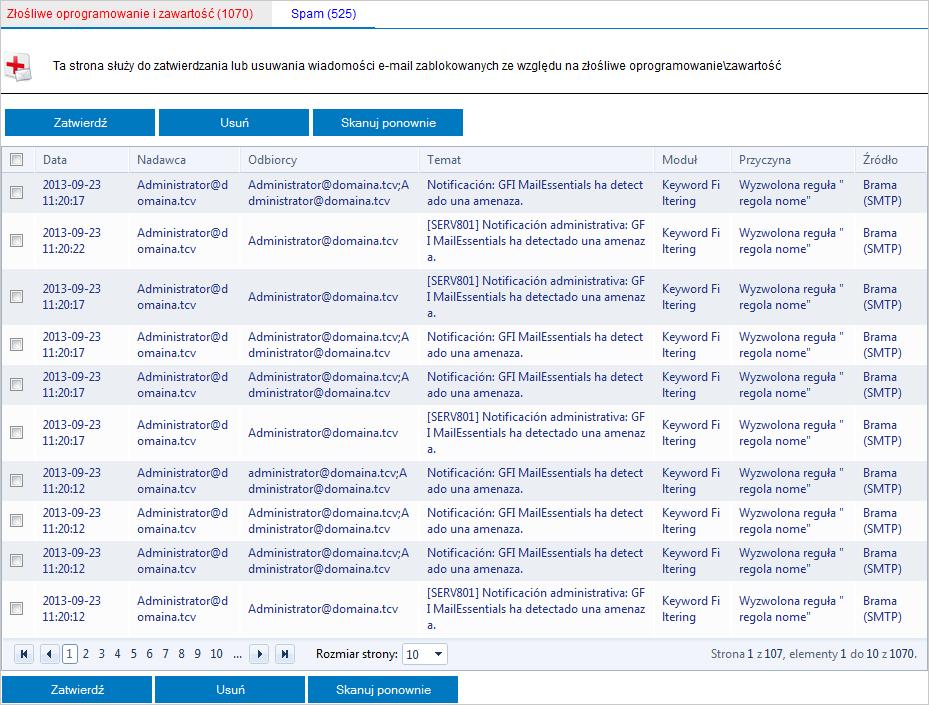 7.4 Praca z wiadomościami e-mail poddanymi kwarantannie Program GFI MailEssentials umożliwia wykonywanie wielu czynności w odniesieniu do wiadomości e-mail poddanych kwarantannie.