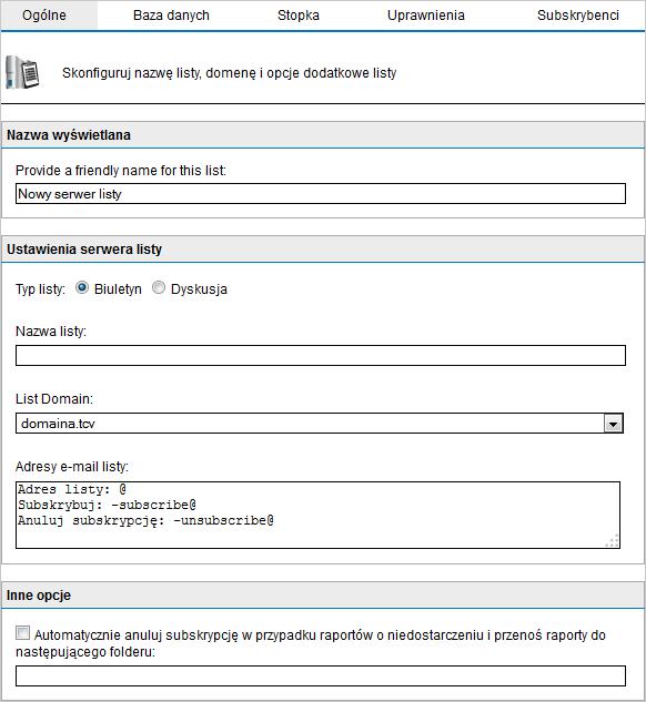 Screenshot 126: Tworzenie nowej listy 2. Skonfiguruj następujące opcje: Opcja Nazwa wyświetlana Typ listy Nazwa listy Wpisz przyjazną nazwę nowej listy.