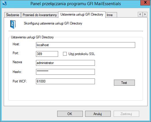 Screenshot 140: Panel przełączania programu GFI MailEssentials Ustawienia usługi GFI Directory 2.