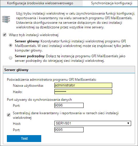 1. Znajdź i kliknij węzeł Środowisko wieloserwerowe w konsoli programu GFI MailEssentials na komputerze wyznaczonym do roli serwera głównego. Screenshot 153: Konfigurowanie serwera głównego 2.