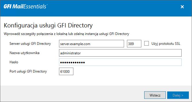2.3.3 Instalowanie programu GFI MailEssentials z usługą GFI Directory Program GFI MailEssentials może pobierać dane użytkowników ze zdalnego wystąpienia usługi GFI Directory.