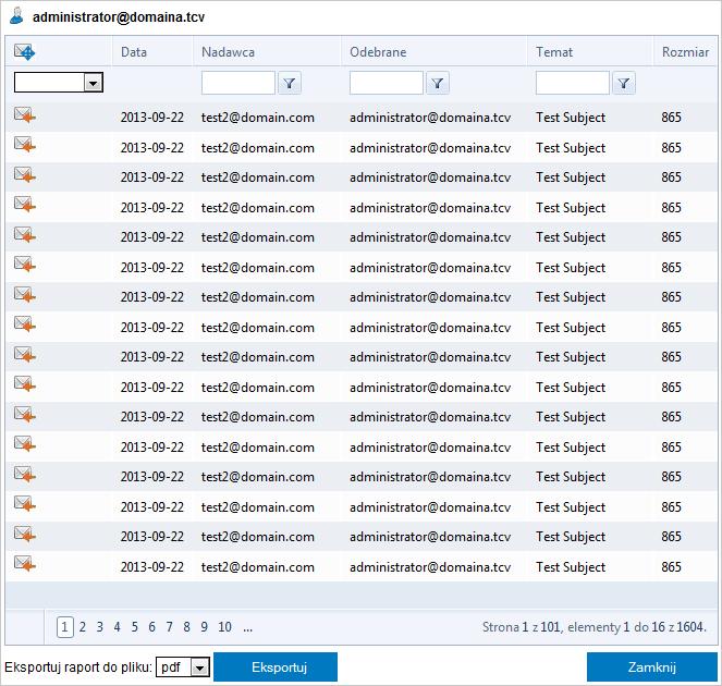Screenshot 37: Wyniki wyszukiwania w bazie danych raportowania 4. (Opcjonalnie) Z poziomu raportu można filtrować dane według kierunku poczty e-mail, nadawcy, odbiorcy lub tematu. 5.
