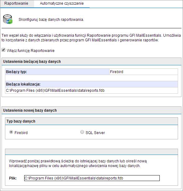 Konfigurowanie wewnętrznej bazy danych Firebird Screenshot 38: Konfigurowanie wewnętrznej bazy danych Firebird 1. Przejdź do obszaru Raportowanie > Ustawienia. 2.