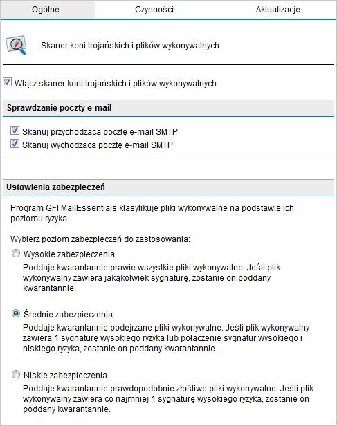 Screenshot 57: Skaner koni trojańskich i plików wykonywalnych: karta Ogólne 2. Zaznacz pole wyboru Włącz skaner koni trojańskich i plików wykonywalnych, aby uaktywnić ten filtr. 3.