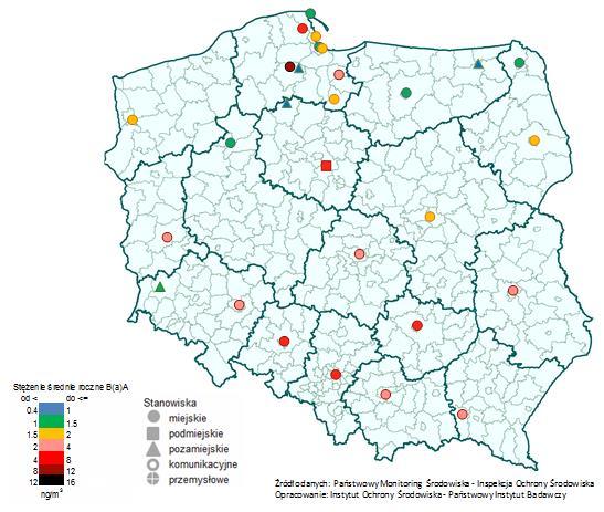 Rys. 4.2-2. Stężenia średnie roczne benzo(a)antracenu B(a)A w 2015 r. [ng/m 3 ] Tabela 4.2-1. Stężenia średnie roczne benzo(a)antracenu w 2015 r. Źródło danych: PMŚ - Inspekcja Ochrony Środowiska.