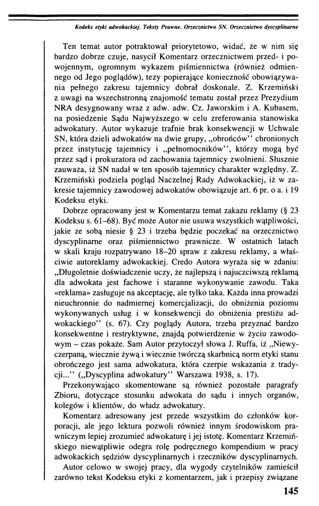 Kodeks etyki adwokackiej. Teksty Prawne. Orzecznictwo SN.