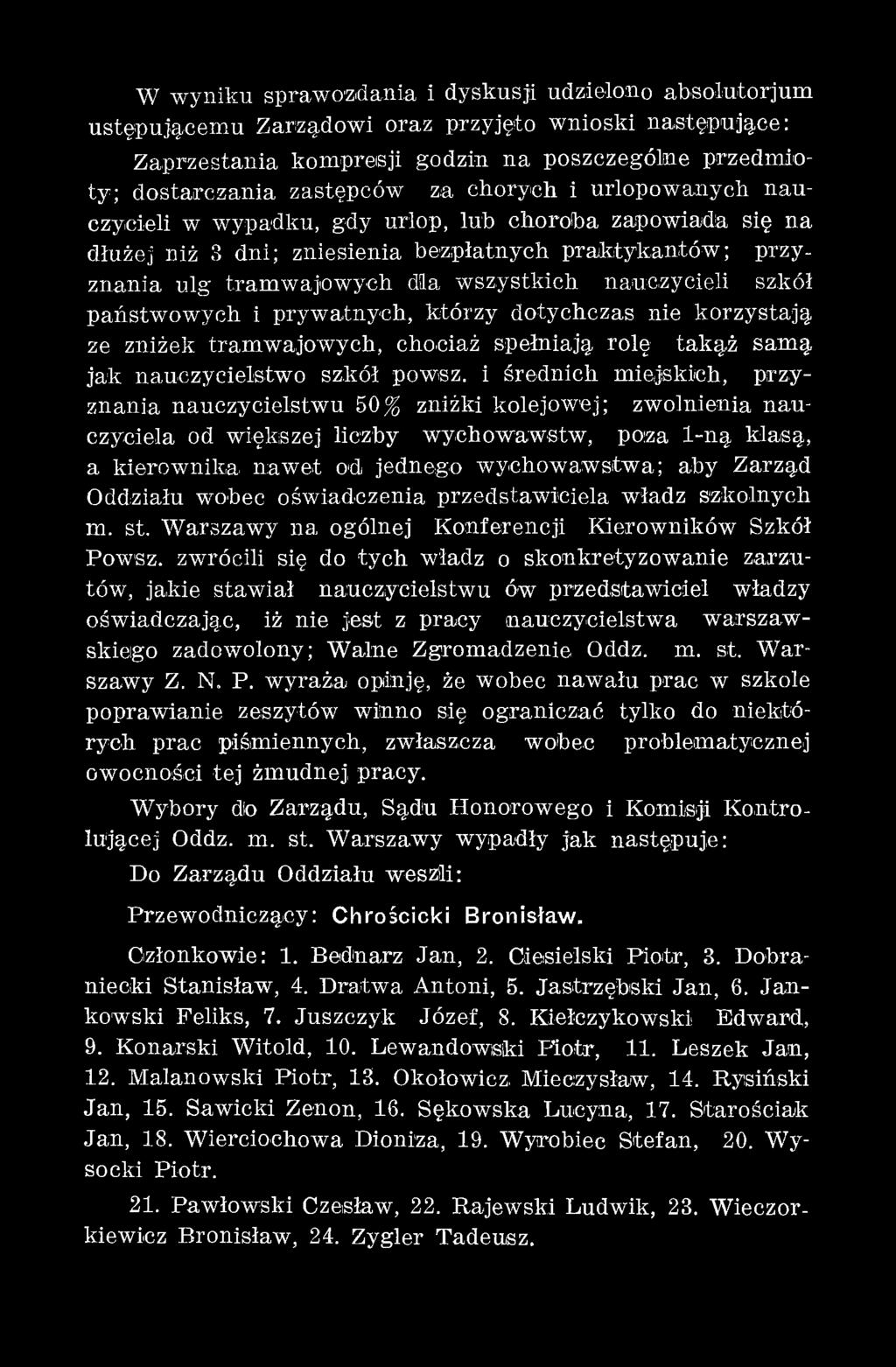 aby Zarząd Oddziału wobec oświadczenia przedstawiciela władz szkolnych m. st. W arszawy na ogólnej Konferencji Kierowników Szkół Powsz.
