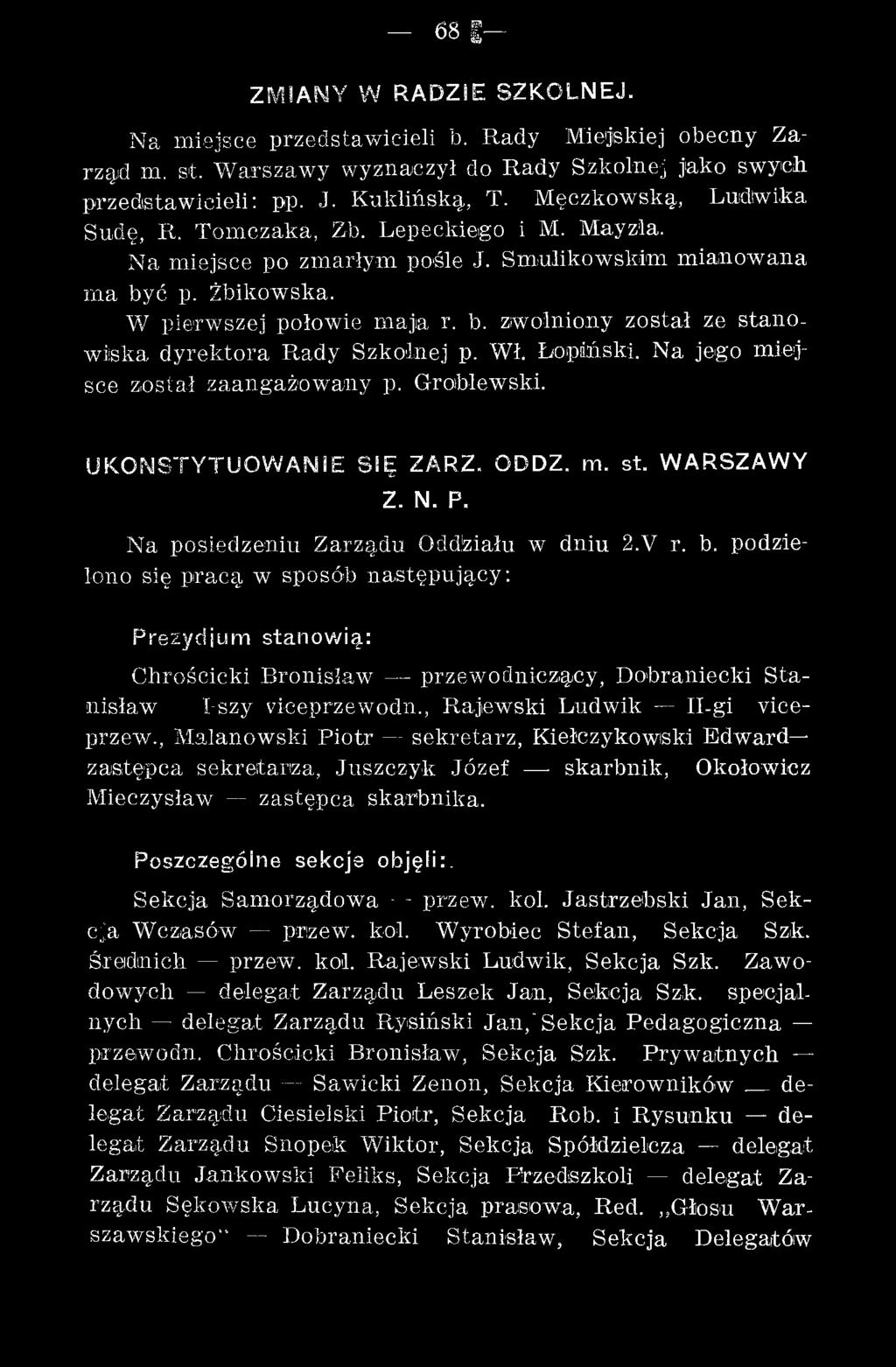 , Malanowski Piotr sekretarz, Kiełczykowiski Edw ard zastępca sekretarza, Juszczyk Józef skarbnik, Okołowicz M ieczysław zastępca skarbnika. Poszczególne sekcje objęli:.