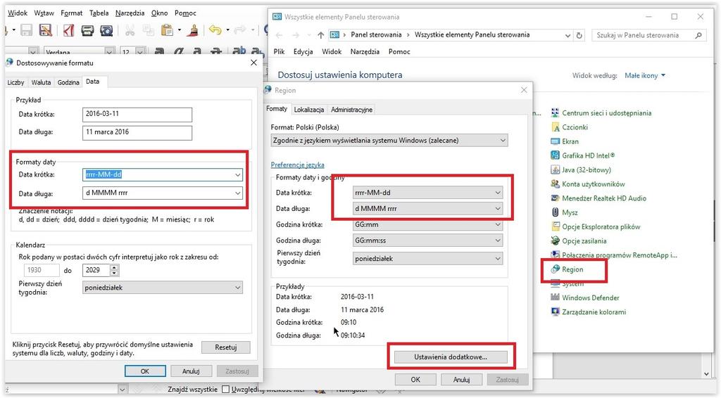 d) Ustawienie poprawnego formatu daty (krótka i długa) Panel sterowania Region 2.