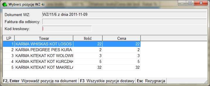 70.Formularz dokumentu rozbieżności 71.Lista pozycji dokumentu wydania Wybieramy pozycję którą chcemy skorygować akceptując (lub klikając dwukrotnie wybrany towar).