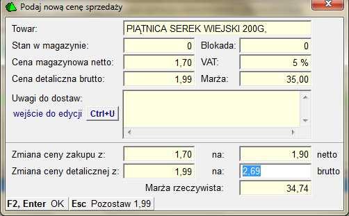 Jeśli wpisaliśmy nową ceną zakupu program poinformuje nas i zaproponuje także zmianę ceny sprzedaży, przeliczając zgodnie z ustalona marżą.