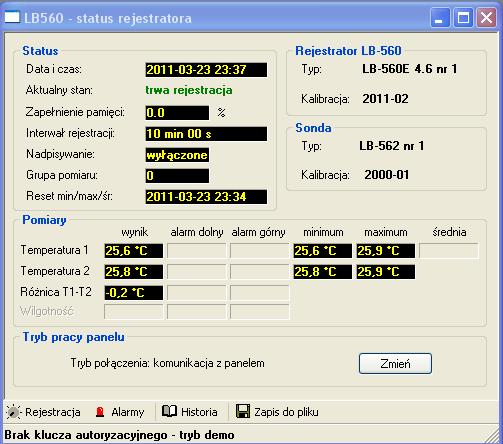 Instrukcja obsługi termometru LB-560E 30 Rys. 4 Przykładowy widok okna (statusu) w programie LOGGER po podłączeniu termometru LB-560E z sondą LB-562 W menu Konfiguracja Opcje.