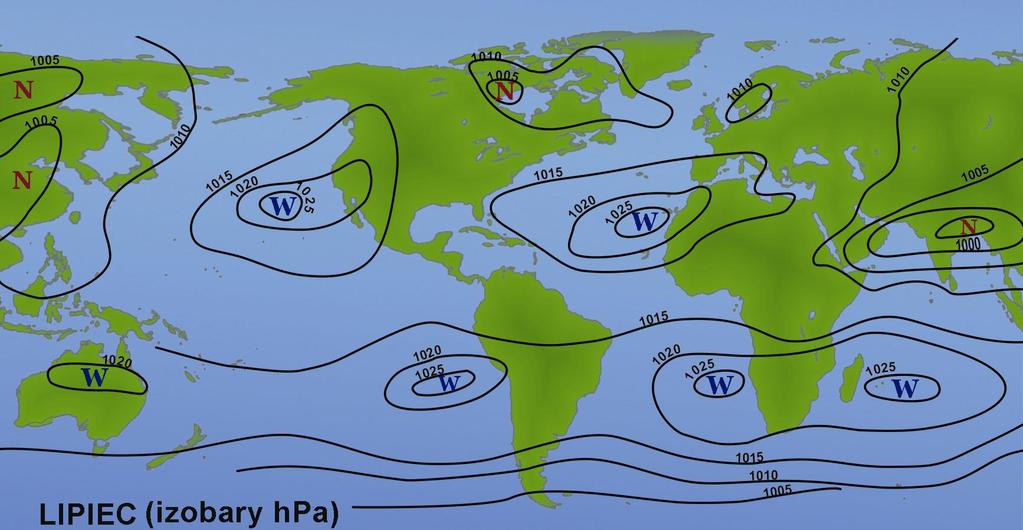Analizując ten rysunek można zauważyć że: Zarówno w lecie jak i w zimie na obu półkulach, w pasie między 20 i 30 szerokości geograficznych - w rejonie oceanów podzwrotnikowych, występują prawie