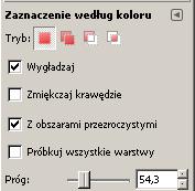 Uaktywniamy z Przybornika narzędzie Zaznaczenie według koloru. Następnie w opcjach narzędzia ustalamy próg zaznaczenia (np. 54,3). Teraz klikamy w różę.